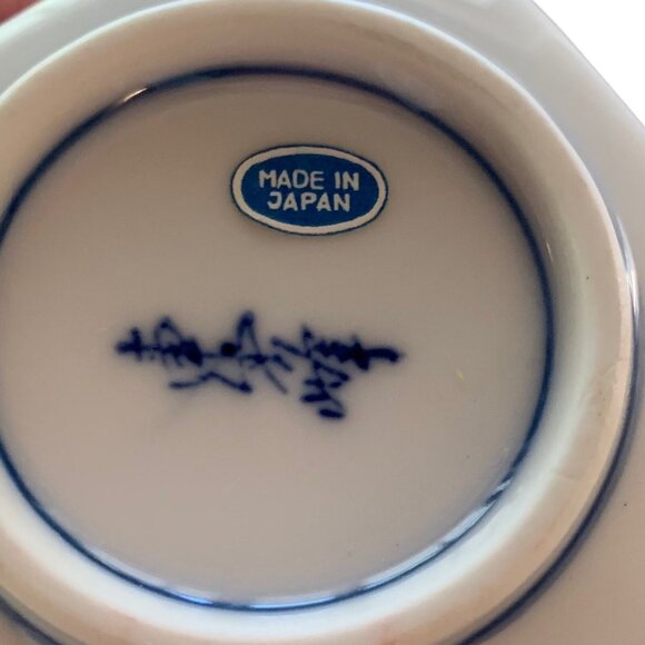 Vintage Teapot Teacup Set Saucer White Blue Floral Print Wicker Handle - Picture 4 of 8